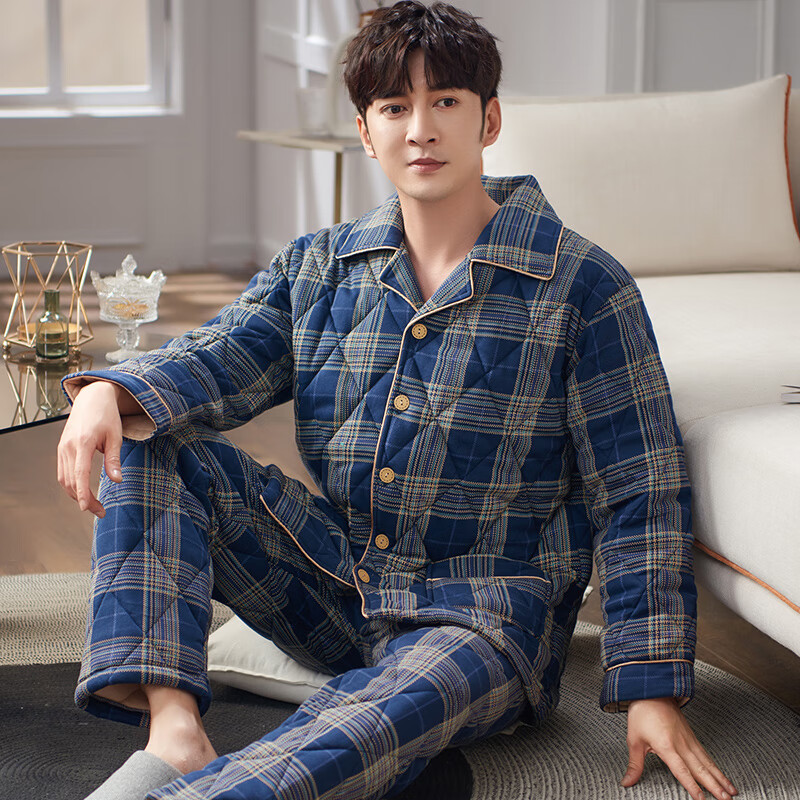 chunnian男士睡衣秋冬季珊瑚绒三层加厚夹棉中长款超厚爸爸保暖加绒家居服 8096 XL