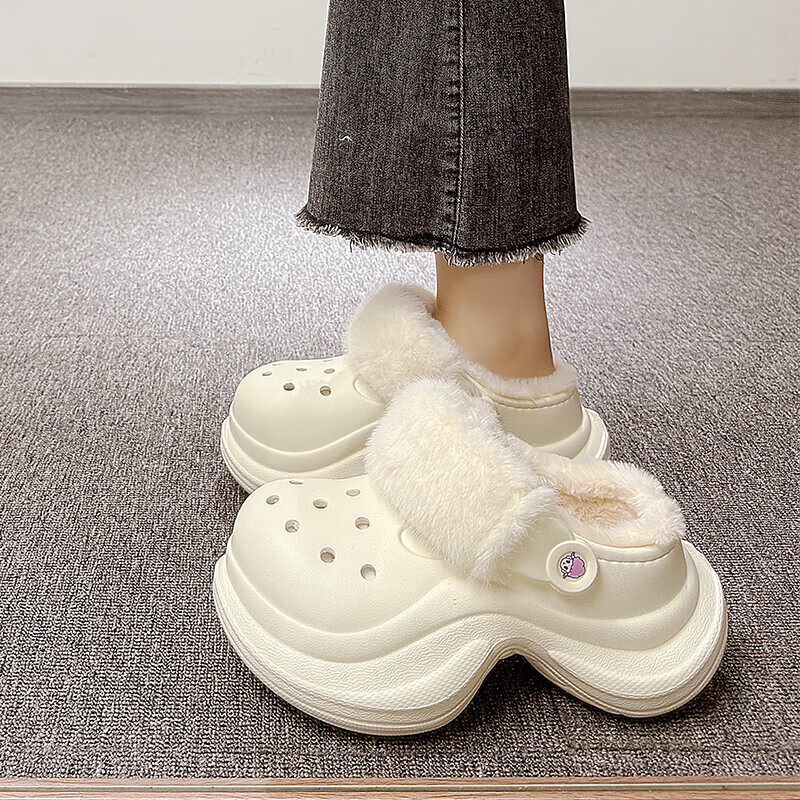 仙女风松糕厚底棉鞋女冬季防水外穿可爱超时尚包跟加绒防滑棉拖鞋 黑色 35