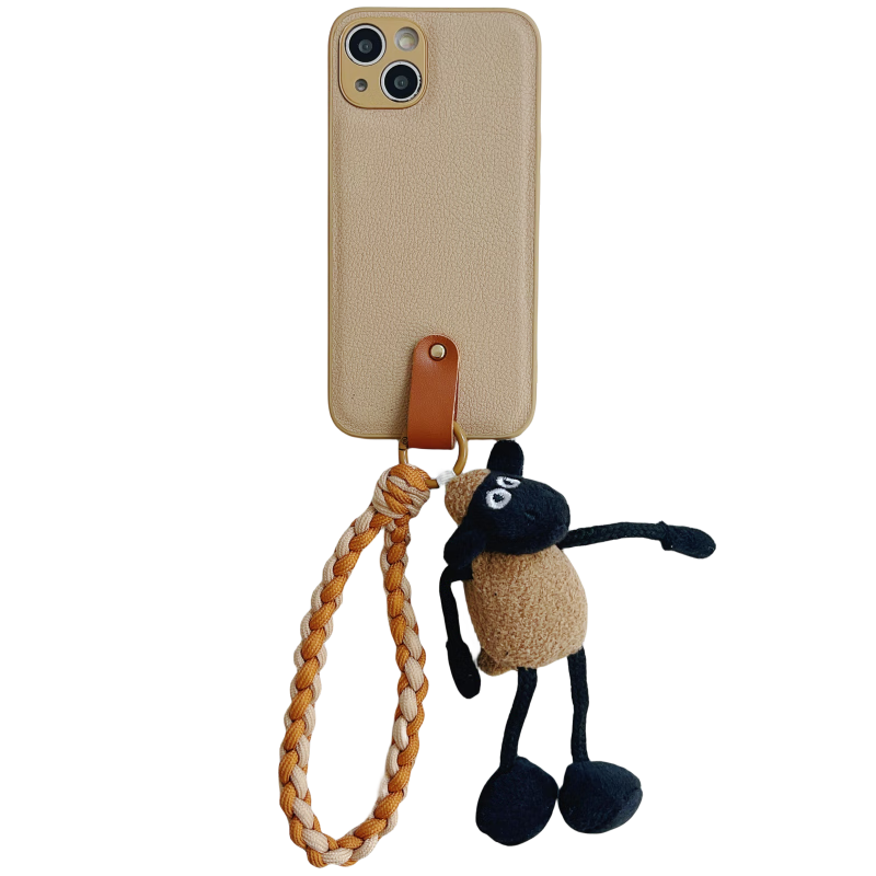 八脚兽毛绒小羊公仔挂件适用苹果17promax手机壳iphone16promax创意17秋冬15pro斜挎14防丢13PM手提侧背 卡其皮纹壳+毛绒小羊公仔+棕色手绳+斜挎长绳 iPhone 13 Promax