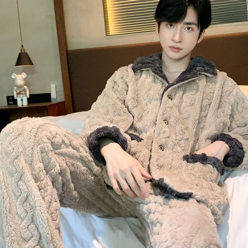 维多利亚的格调珊瑚绒睡衣男秋冬青少年加厚加绒长袖高中生毛绒家居服法兰绒套装 男长毛绒ZHL-方块格深灰五角星8153 XL (120-140斤