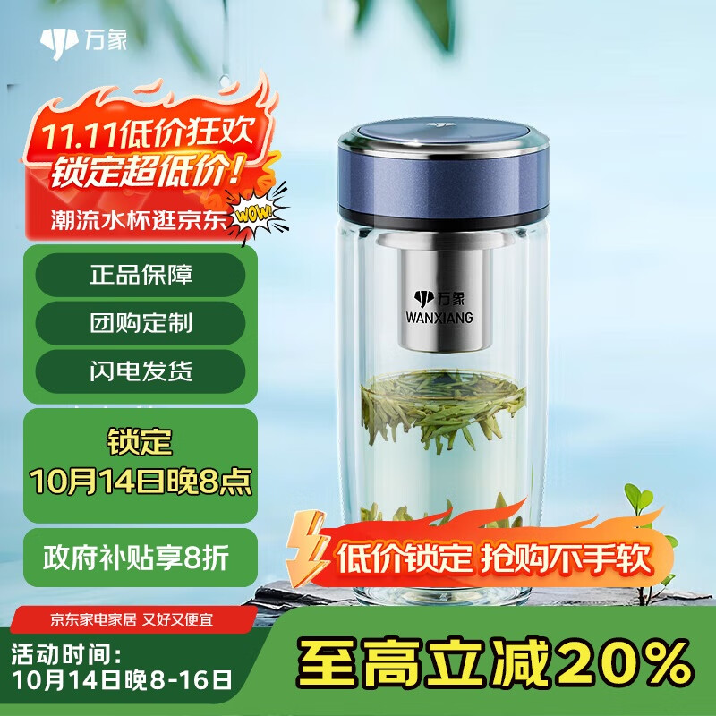 万象（WANXIANG）双层弧形玻璃杯男女士带滤网水杯灰蓝色360ml便携车载泡茶杯