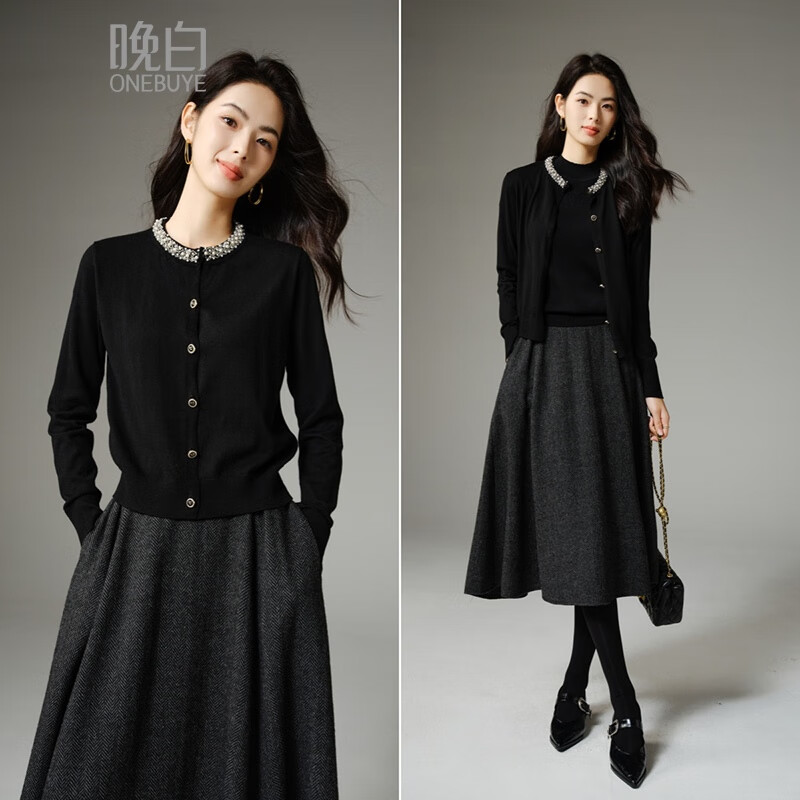 晚白【新品】爆款钉珠针织衫女2026春款时尚气质百搭显瘦短款开衫上衣 黑色 XL