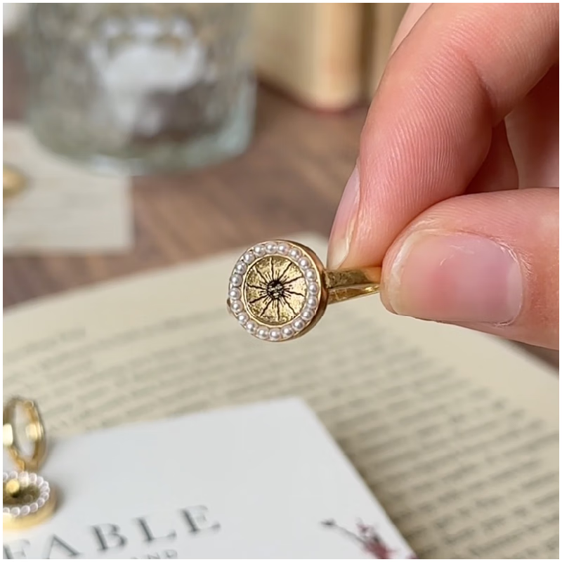 Fable欧美黑色珐琅太阳戒指复古法式少女珍珠高级锁骨链小众设计 太阳戒指 M