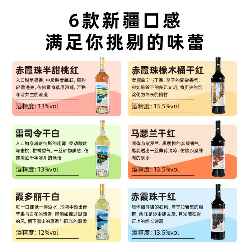 沙地酒庄大美新疆葡萄酒西域风土6种口感组合装国产红酒宴请送礼自饮礼盒 750ml*6（礼盒装）