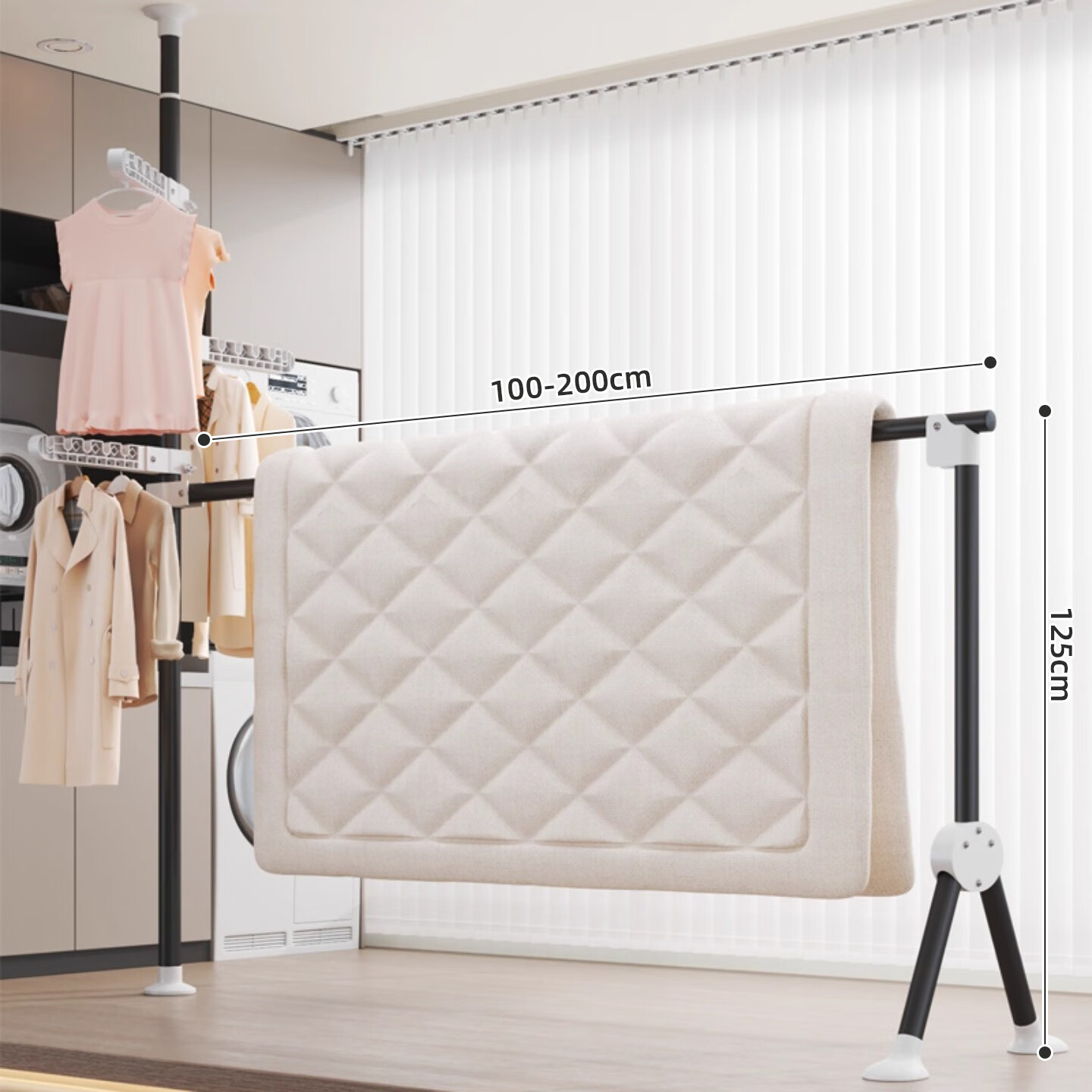 衣炫顶天立地晾衣架家用落地折叠晾晒神器阳台免打孔伸缩晒被置衣架 免安装黑色3挂钩【高度1.1-3.1m】