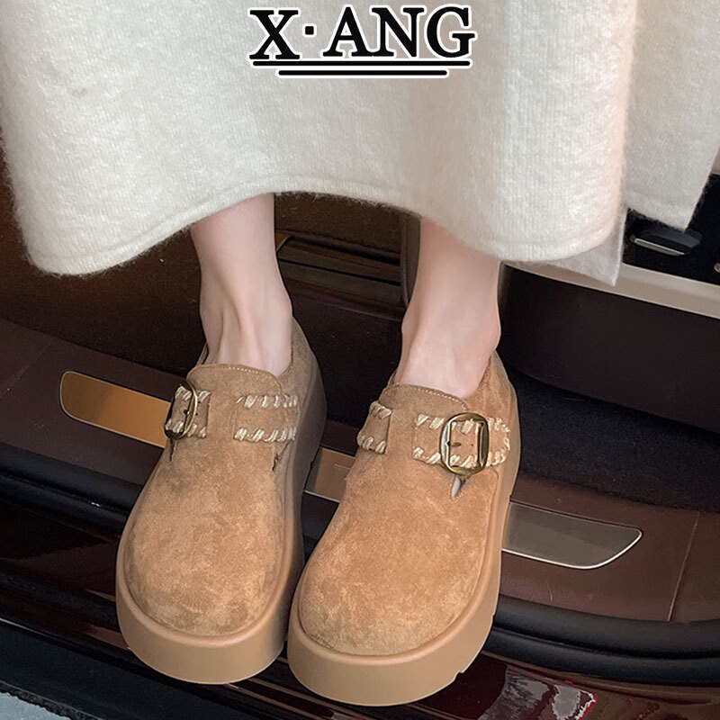 牛反绒全包厚底勃肯鞋子女鞋乐福鞋2025秋季新款一脚蹬休闲单鞋子 高定专柜版真皮卡其色. 37