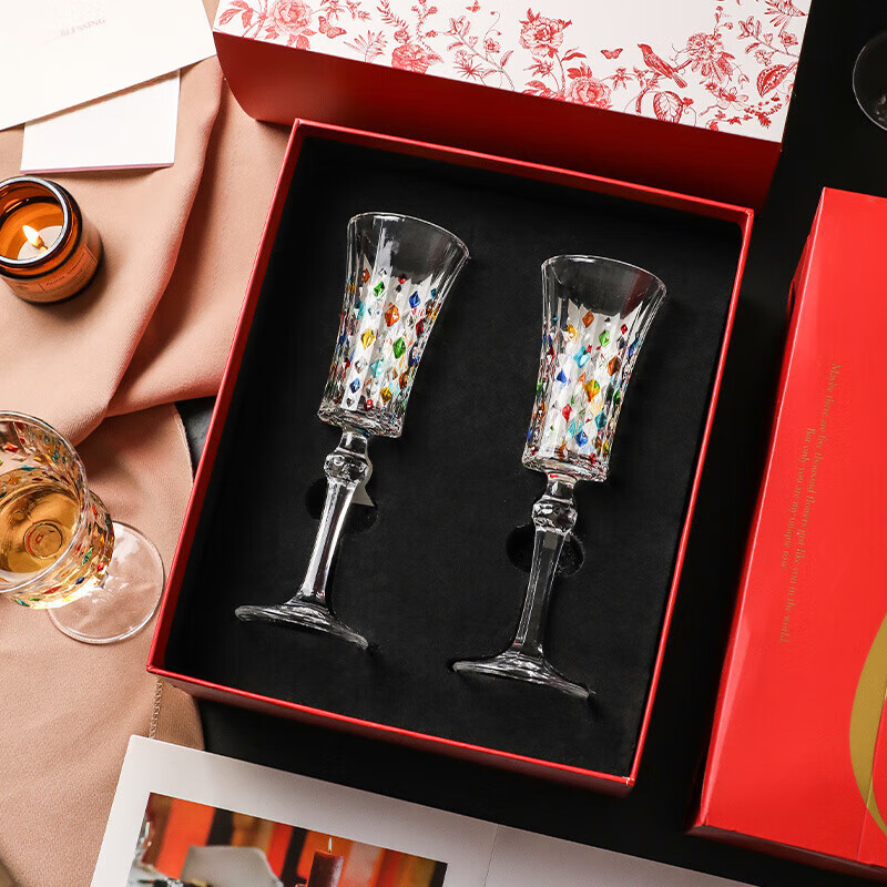 何佳功熹物【彩绘爱丽丝】香槟杯高脚杯红酒杯礼盒套组新婚礼物生日杯子 高脚彩绘爱丽丝X2+红色礼盒+-贺卡1+礼品袋