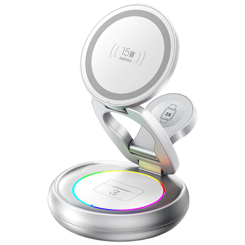 remax蘋果便攜無線充電器三合一可折疊立式手機(jī)支架magsafe磁吸適用iPhone17/華為小米/iwatch手表/耳機(jī)