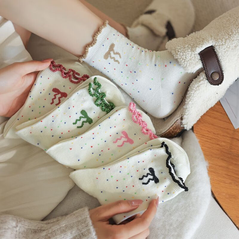 BANILACOO袜子女中筒袜木耳边蝴蝶结点子纱袜子ins可爱小狗女士百搭堆堆袜 点子纱蝴蝶结【5双装】混装 均码