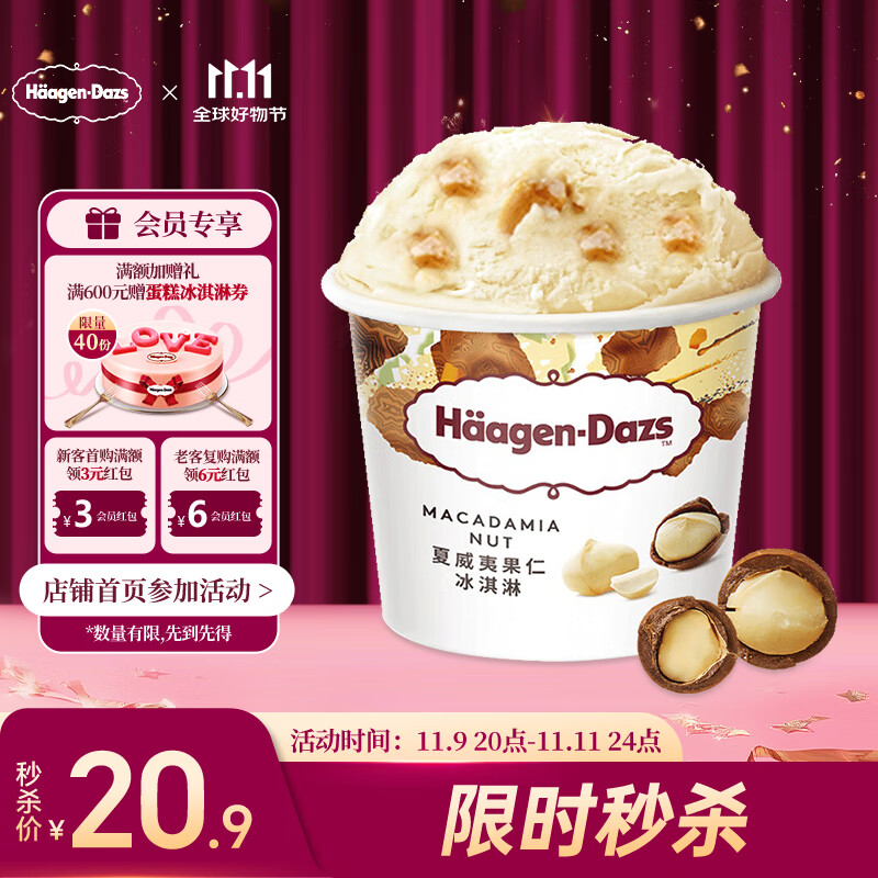 哈根达斯（Haagen-Dazs）经典夏威夷果仁口味冰淇淋 100ml/杯 雪糕