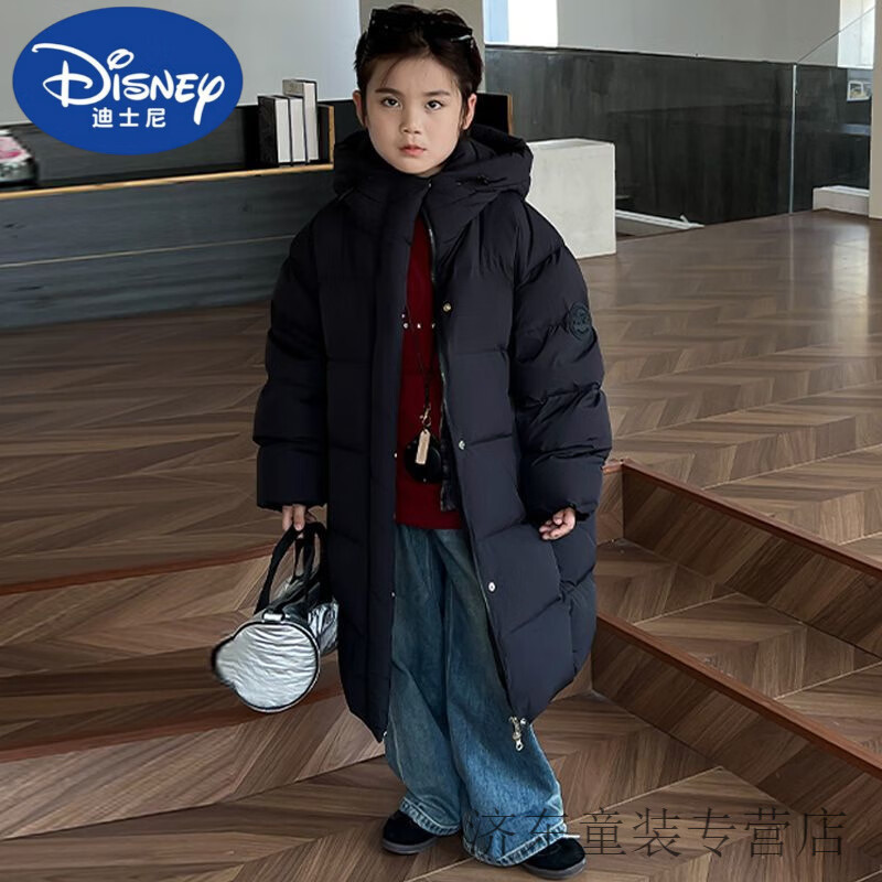 迪士尼（Disney）儿童羽绒服男童中长款2025冬季新款韩版洋气加厚冬装中大童装外套 官方旗舰黑色 130