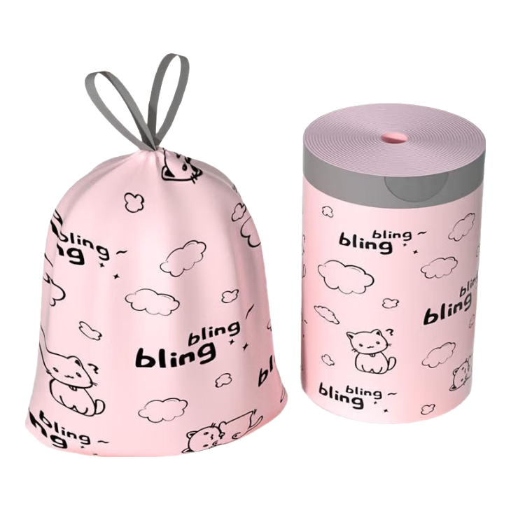 500只特厚垃圾袋家用手提式加厚抽绳大号厨房桶自动拉收口级印花 【粉色猫咪款】加大加厚 10只装