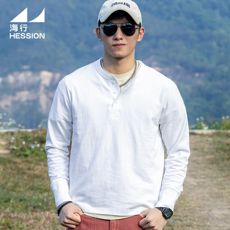 海行户外透气纯棉t恤男亨利衫男士休闲polo衫长袖上衣内搭打底衫 白色 2XL (参考170-195斤)