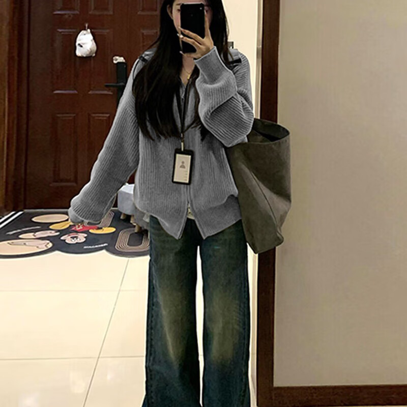 翊尚美针织衫外套女秋冬2025新款开衫可外穿拉链毛衣慵懒风宽松显瘦上衣 灰色 【实物颜色浅抗起球】 均码 【适合80-140斤】