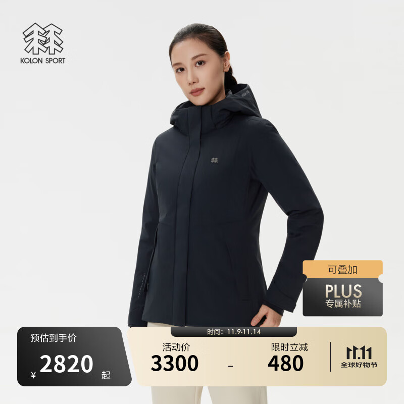 KOLON SPORT/可隆MIST轻量羽绒服 女士防水防风户外连帽轻薄鹅绒夹克 LKDJ5WNT20-BK 黑色 M 165/88A