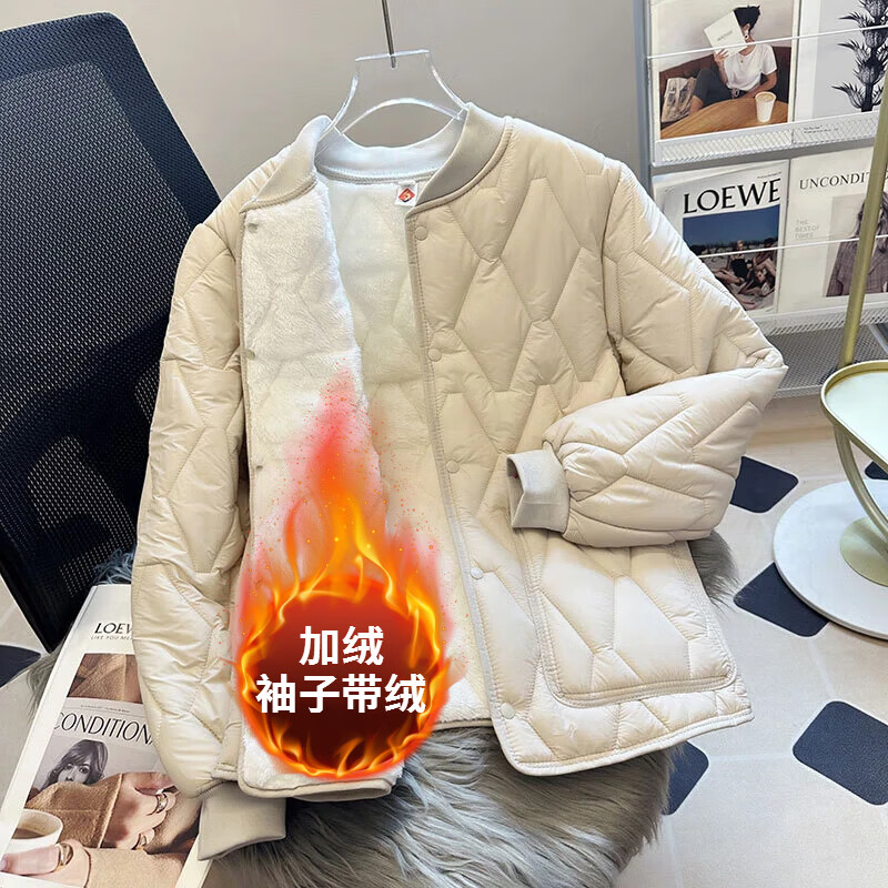 医护人员内胆棉衣女2025年加绒加厚学生内搭棉袄宽松大码羽绒棉服 SX2533-米白加绒男女同款 M 110-120斤内