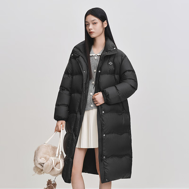 乐町【火山岩】乐町H身型长款面包羽绒服2025年冬季新款波浪绗线外套 乌黑(现货) XS