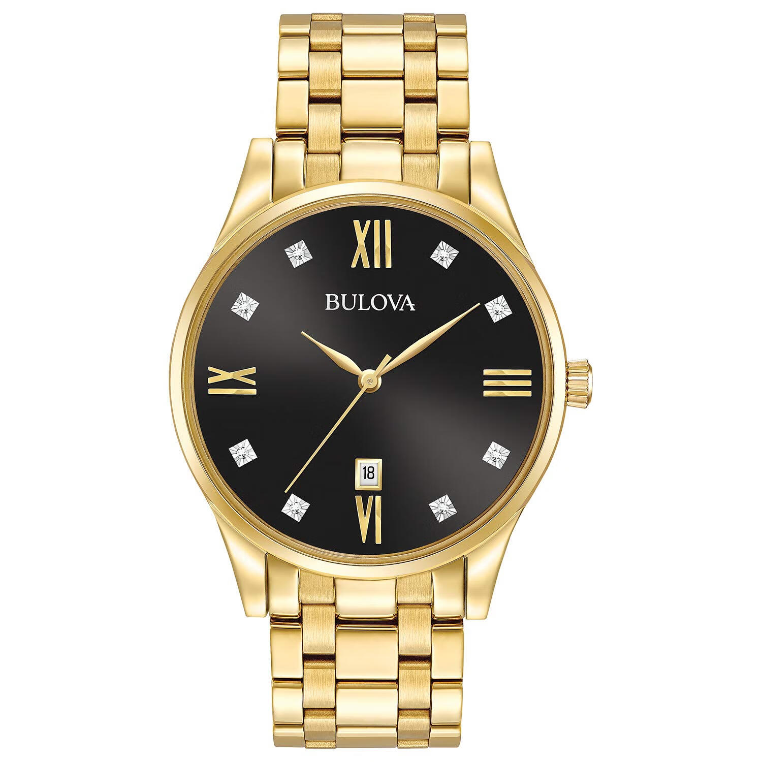 宝路华Bulova 宝路华 男士经典不锈钢手表 带钻石和星期日期 Gold Tone/ Black Dial 6.0*6.0*6.0 inches