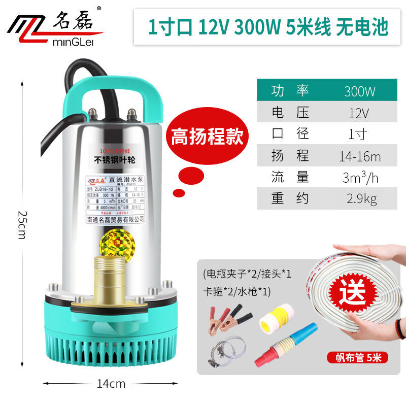 名磊（mlnGLel）名磊潛水泵高揚程水泵12v24v4860v大流量直流潛水泵電動車抽水機 高揚程1寸12V300W5米線
