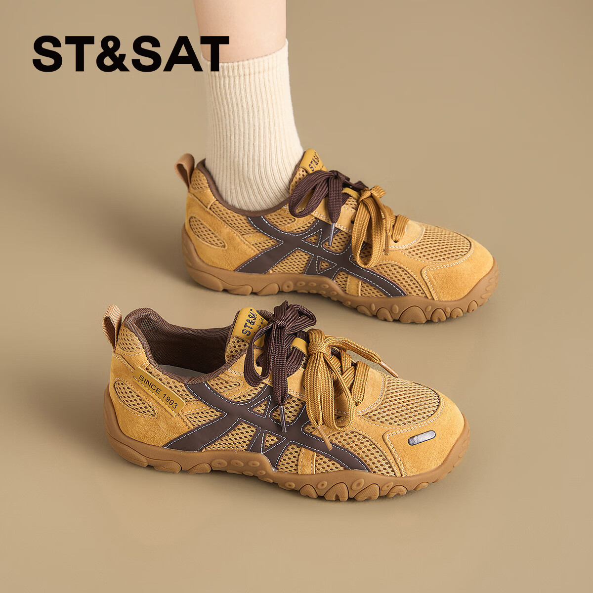 星期六内增高女鞋蓝色厚底德训鞋女2025新款秋冬季复古运动阿甘鞋 黄色 35