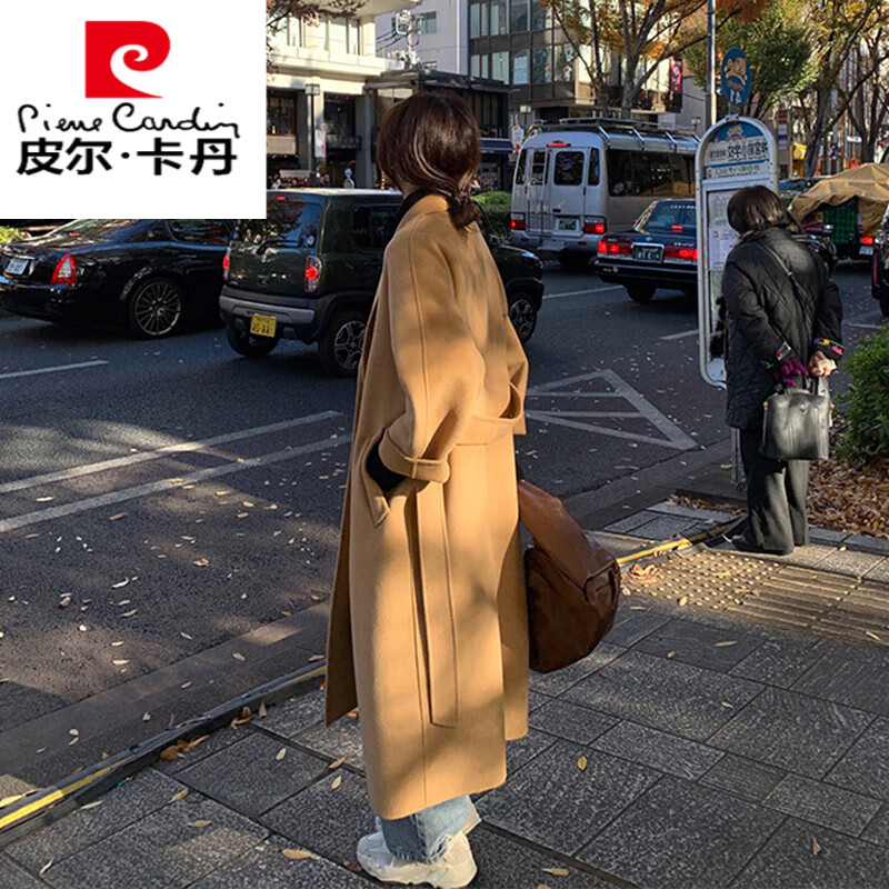 皮尔卡丹（pierre cardin）韩系高级感双面羊绒大衣女秋冬季2025新款中长款羊毛呢子毛呢外套 浅驼色 XL 【140-170斤】