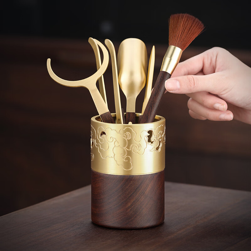 蕉夏高档六君子茶具配件茶道茶台泡茶工具套装茶杯垫茶刀茶勺茶夹 29【黄铜祥云5配件】祥云茶道瓶+黄铜5配件