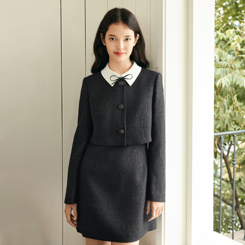 乐町假两件小香风连衣裙女蝴蝶结胸针可开门襟连衣裙 黑色（现货） S