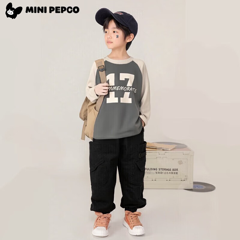 小猪班纳（PEPCO）【7A抗菌】儿童印花长袖T恤插肩韩版春秋童装宝宝圆领打底衫 17米卡其/深灰 男 160 建议身高140-150cm