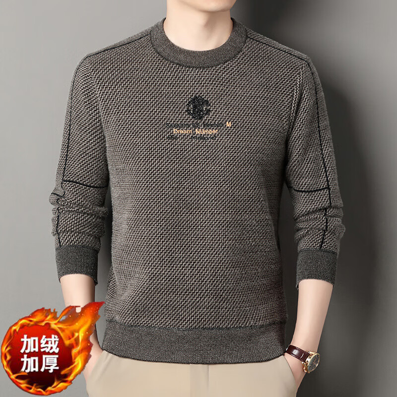 冬季新款加厚保暖刺绣圆领休闲打底衫男CLjn推加绒雪尼尔卫衣jd 卡其色【加绒加厚】 3XL 建议165-180斤