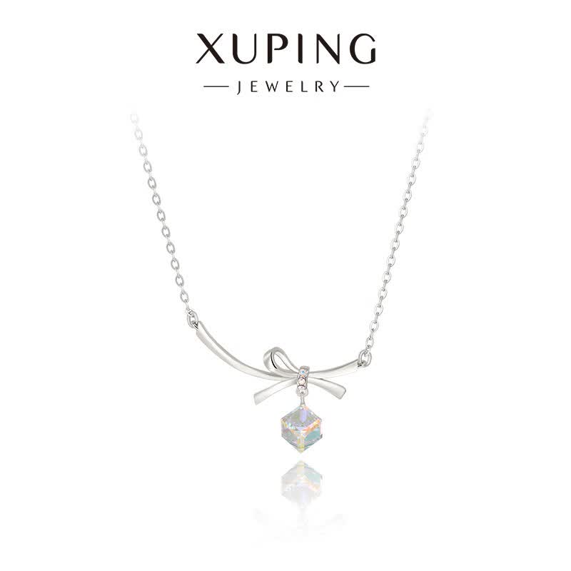 XUPING旭平首饰轻奢精致甜美微镶飘带蝴蝶结方糖项链女X001115948 云絮彩方 约40+5cm
