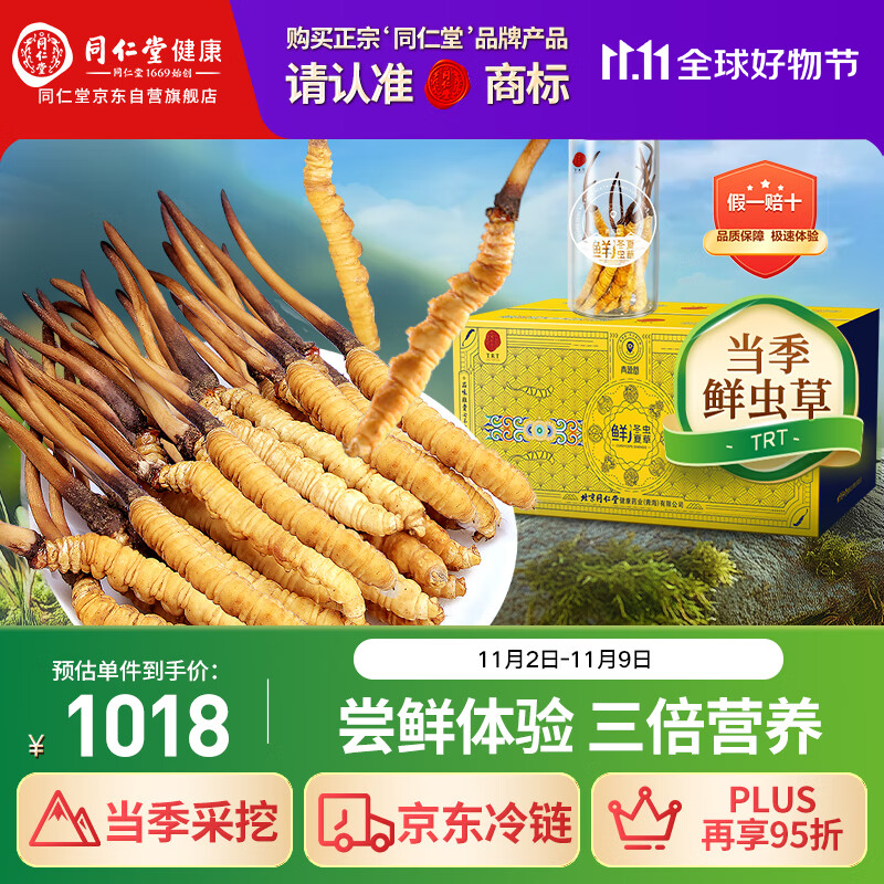 同仁堂（TRT）品牌 新鲜冬虫夏草鲜虫草约0.81-1.0克/根10根装源头直发青海