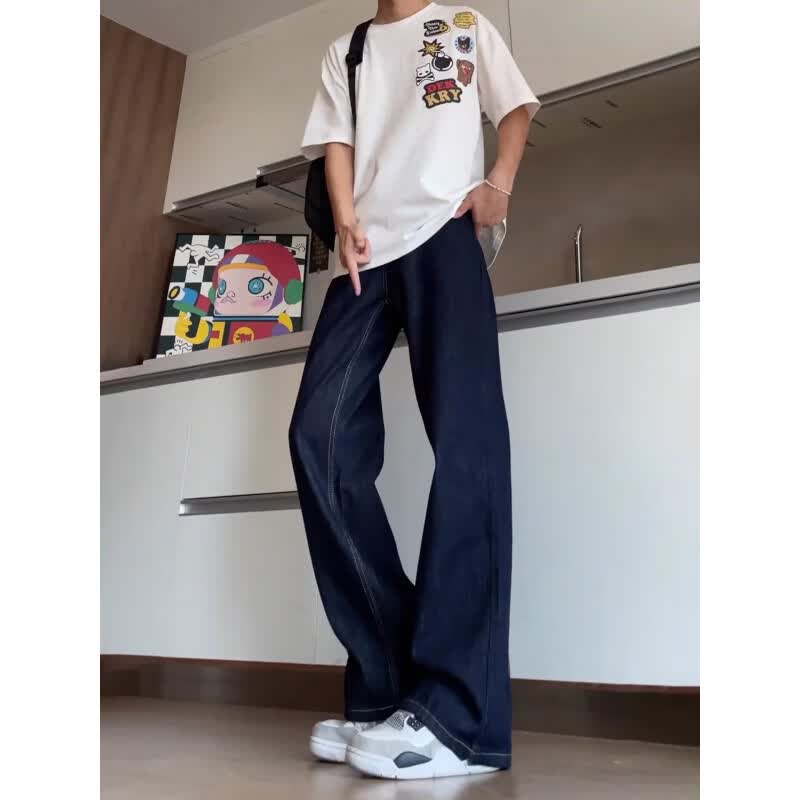 POUM美式复古丹宁风牛仔裤男款秋季潮牌高街cleanfit直筒弯刀微喇长裤 XGNNZ-C653深蓝色 3XL 推荐170-185斤