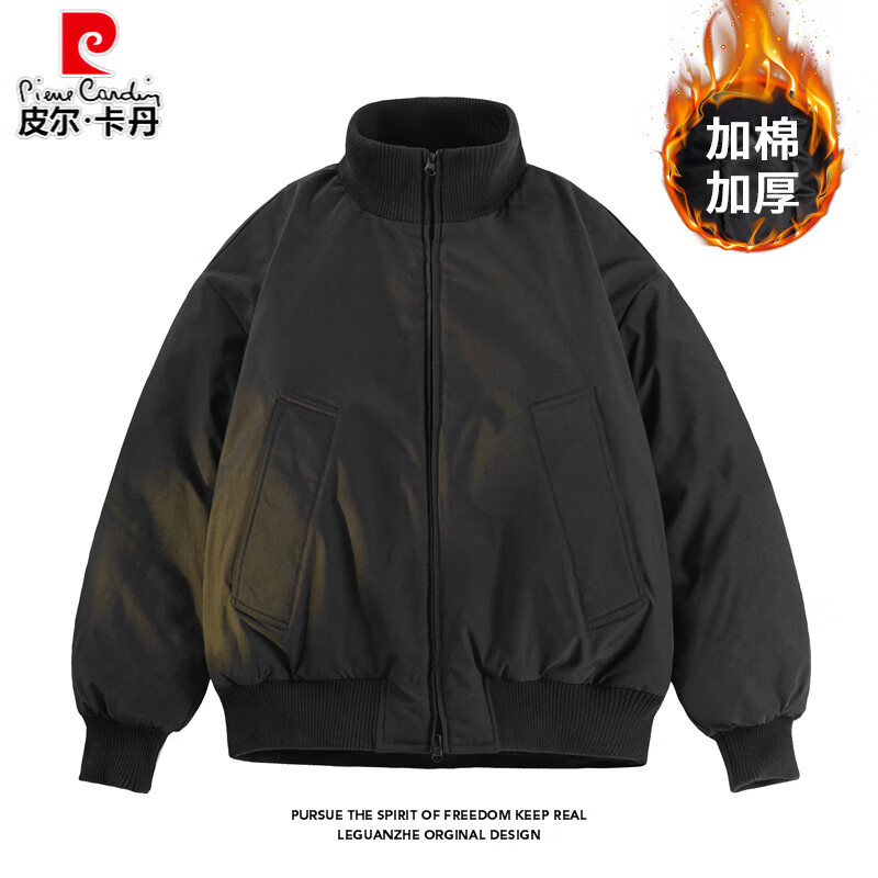 皮尔卡丹（pierre cardin）浅灰色飞行员棉服夹克男款冬季加厚立领廓形工装外套美式复古棉袄 黑色 3XL 适合160-175斤