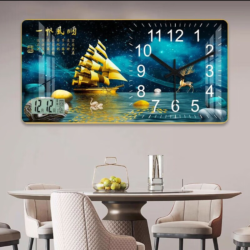 立始带万年历挂钟客厅家用挂墙上新中式时钟表静音创意餐厅日历装饰画 一鹿有你-黑框 50*100（时钟+日历）挂钟