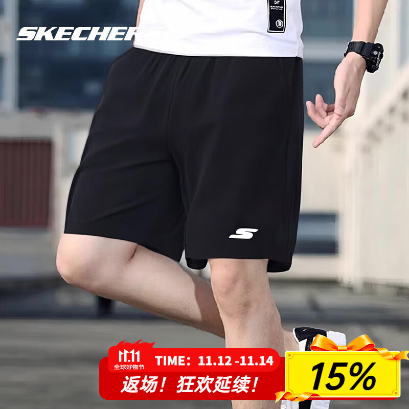 斯凯奇（Skechers）短裤男夏季2025新款梭织裤子宽松透气黑色快干运动裤 03K8/黑色 /165/70A S