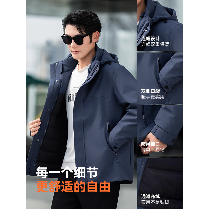 康博秋冬新款短款羽绒服通勤连帽实用休闲轻薄男 蓝色 L (175)