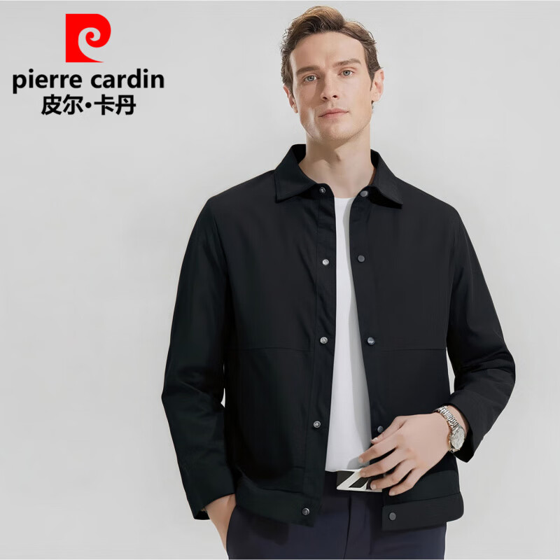 皮尔卡丹中老年爸爸装休闲商务夹克男舒适百搭翻领外套男秋季男装父亲礼物 黑色 XL (建议130-150斤)