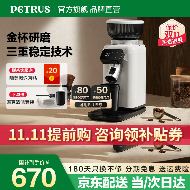 柏翠新款家用电动磨豆机现磨意式美式小型意式研磨机防飞粉40档研磨 PE3788 节日送礼物 海盐白