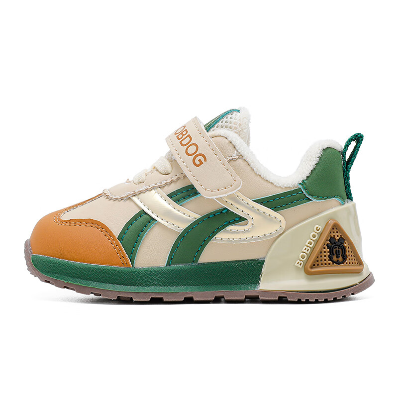 巴布豆（BOBDOG）童鞋男童冬季加绒百搭学步鞋2025舒适保暖小童机能鞋宝宝鞋女 深米/森林绿(加绒) 26 适合脚长15.2cm