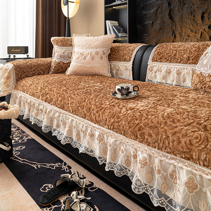缔卓怡法式复古裙边沙发垫2025新款秋冬加厚皮沙发专用套罩防滑盖布 玫园-咖色(浪漫裙摆 精致优雅) 70cm+15cm花边*70cm