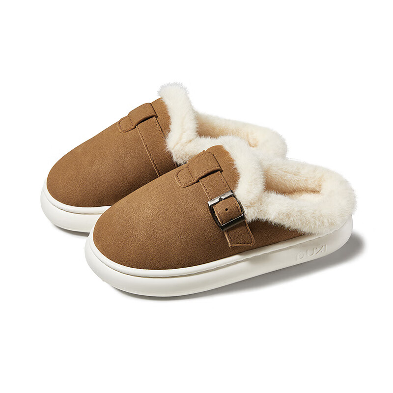 朴西女士居家雪地伴棉拖鞋室内保暖防滑厚底牛皮绒可外穿静音棉拖男 橡木棕 38-39