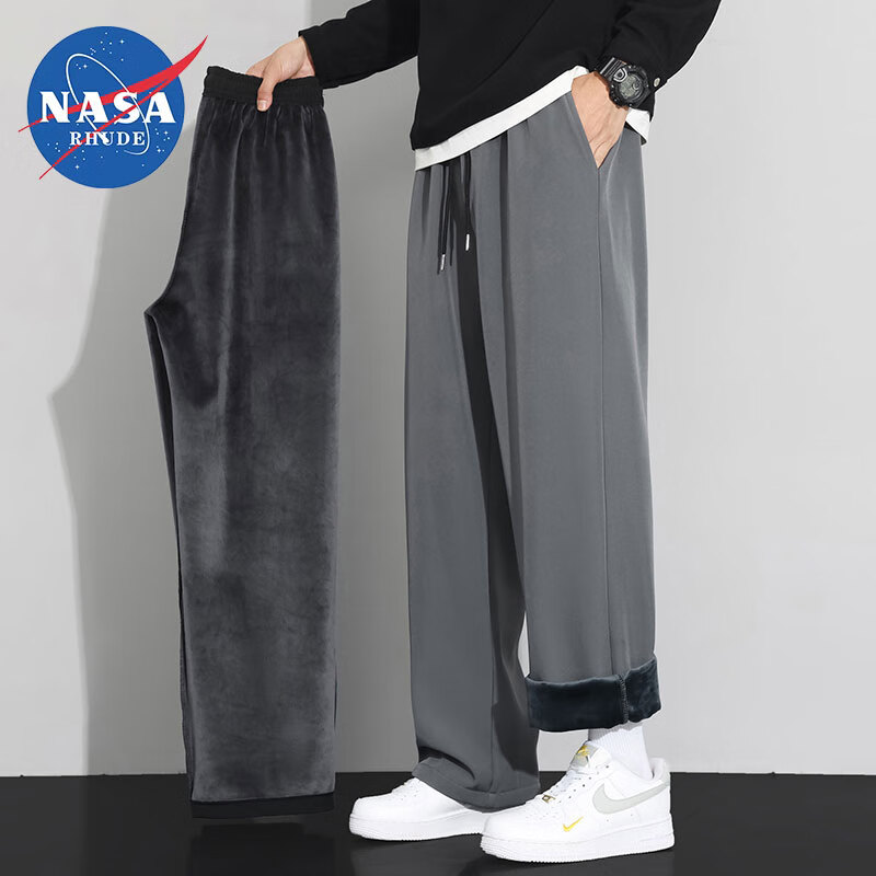 NASA RHUDE黑色休闲裤子男2025新款秋冬季简约阔腿运动长裤男生加绒直筒卫裤 黑色 L 【110-130斤】