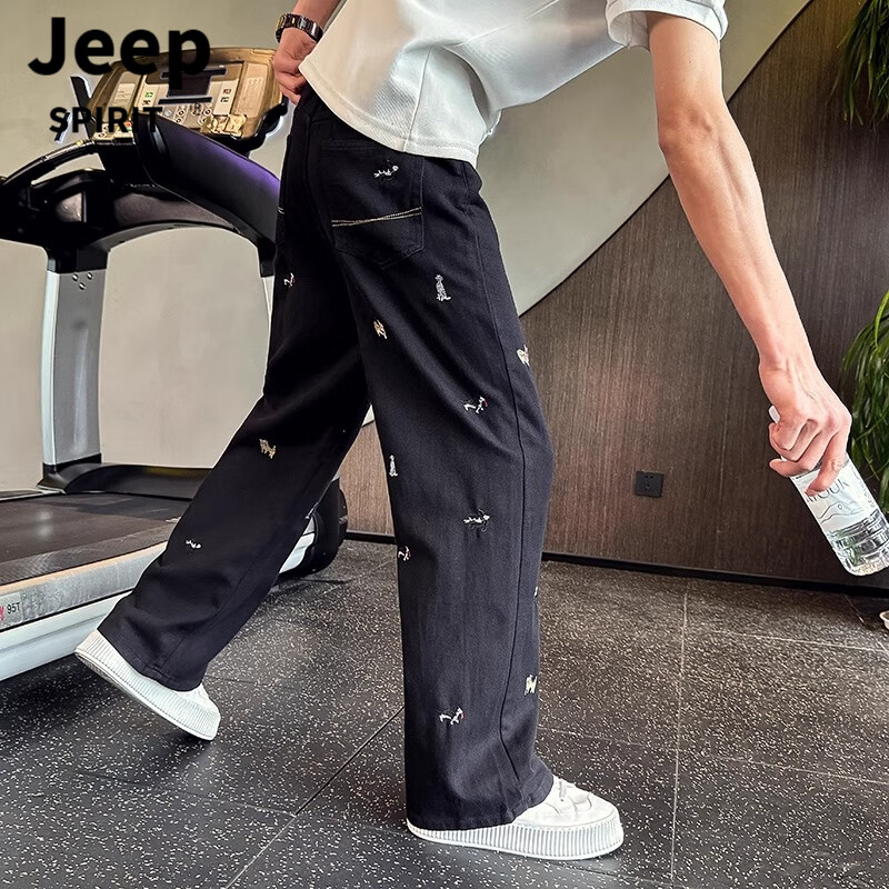 JEEP SPIRIT美式复古直筒牛仔裤男士春秋薄款痞帅刺绣宽松阔腿潮流休闲长裤子 黑色【强烈】 XL