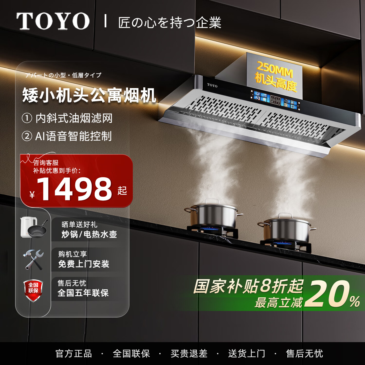 TOYO日本東洋有限公司【国家补贴】超薄油烟机顶吸迷你小户型公寓小尺寸家用厨房抽油烟机超矮机身烟机 【斜滤网不滴油】800mm-AI语音款