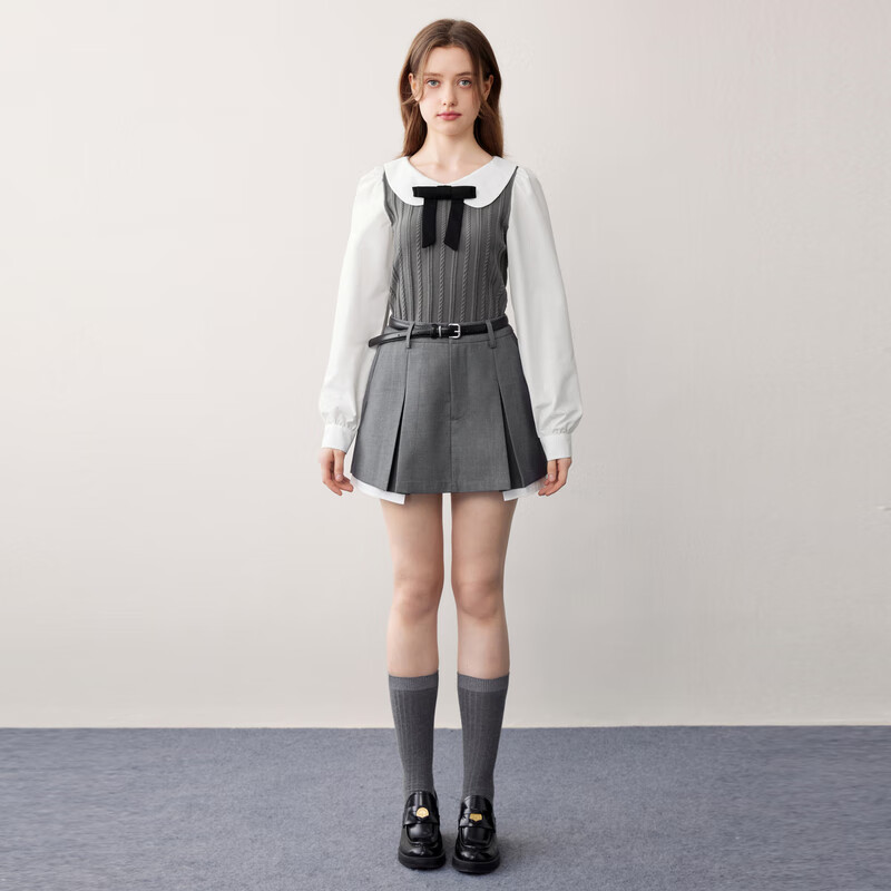 乐町娃娃领衬衫拼接套衫 灰色（现货） S