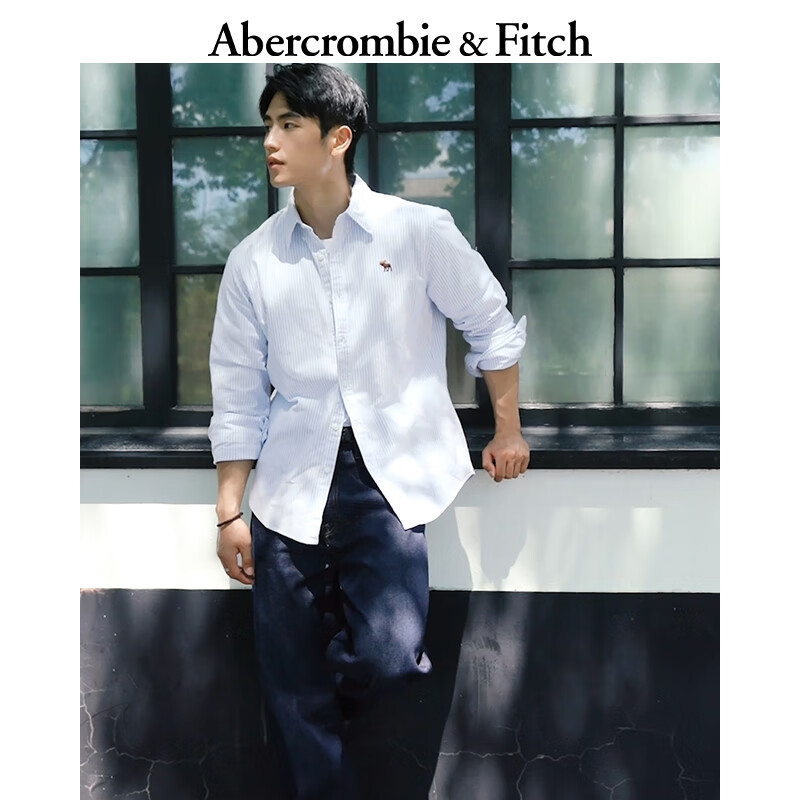 Abercrombie &amp; Fitch【李现同款】小麋鹿图案男装25秋冬美式牛津长袖衬衫125-5224 蓝色条纹 XS (170/84A)