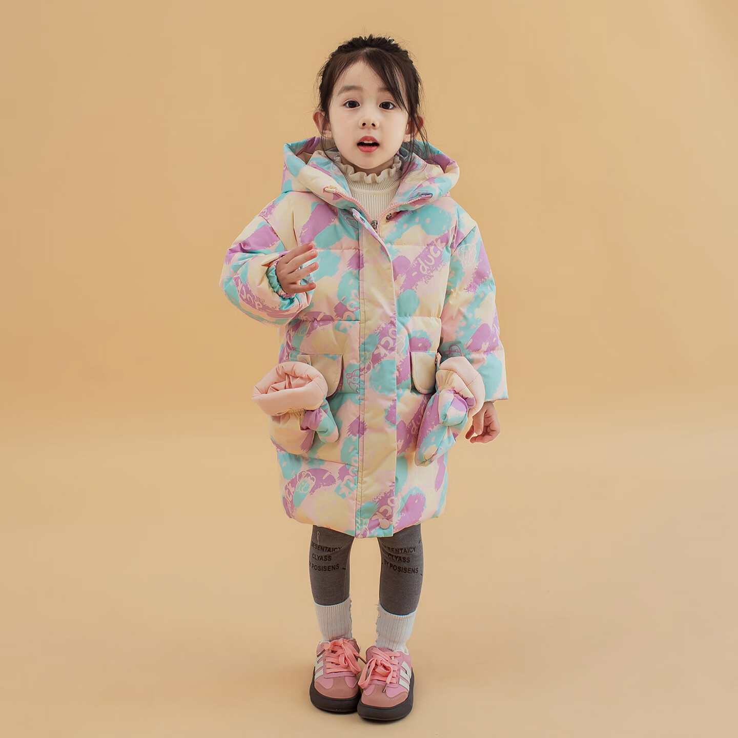 G.DUCK HELLO女童羽绒服中长款保暖外套冬季儿童加厚连帽冬装中小童印花童装 紫色 120 （建议身高110-120cm）