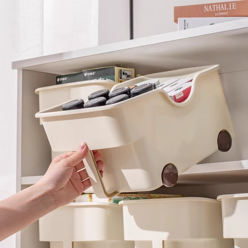 木格格桌面收纳盒抽屉式放柜子里橱柜收纳盒亚克力厨房调料盒杂物储物盒 加厚/滑轮/把手款【中号1个装】