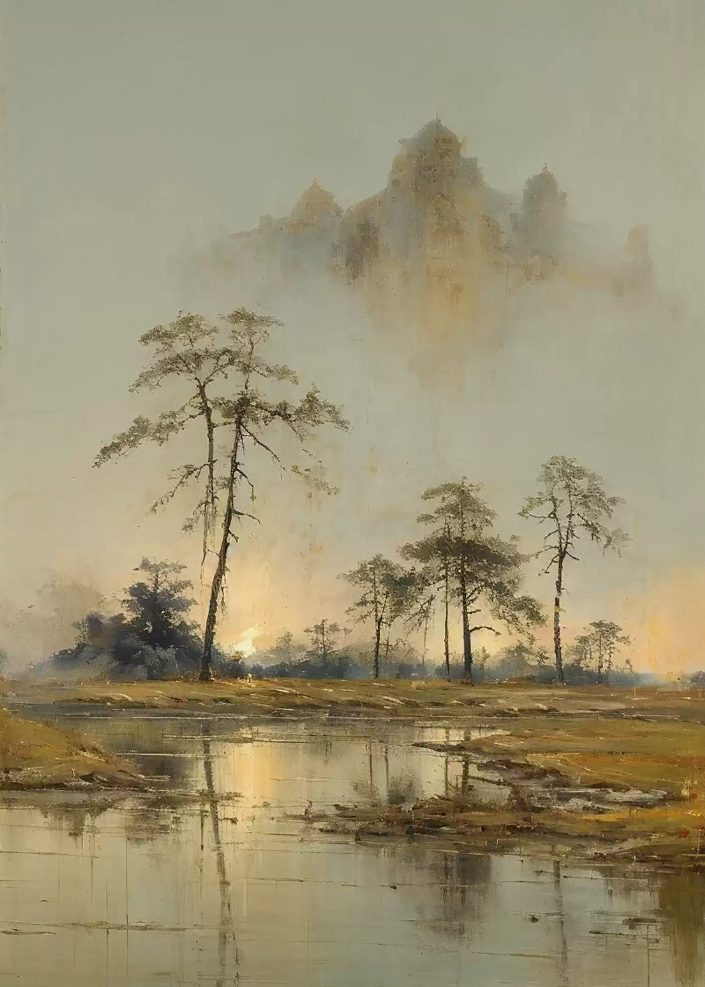 中掌柜意境山水风景纯手绘油画大芬村肌理画高级感中古客厅玄关竖版