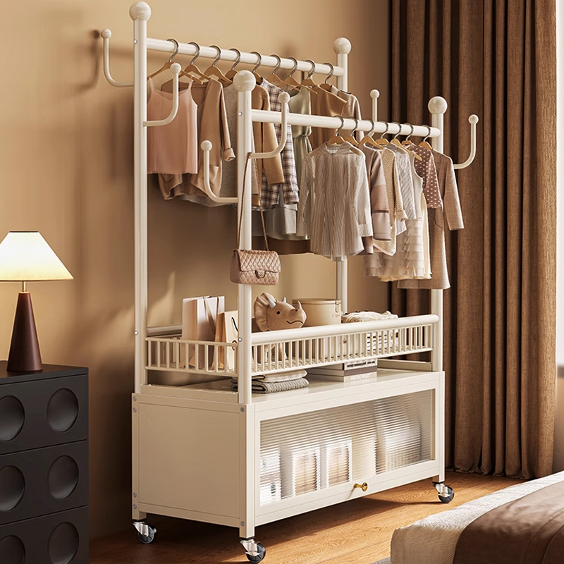 衣炫衣架落地立式衣帽架挂衣架卧室专用晾衣架双层晾衣杆带网晒被子 120cm奶白-双排挂杆【收纳网篮+防尘储物柜】 送挂钩+轮子 尺码如图